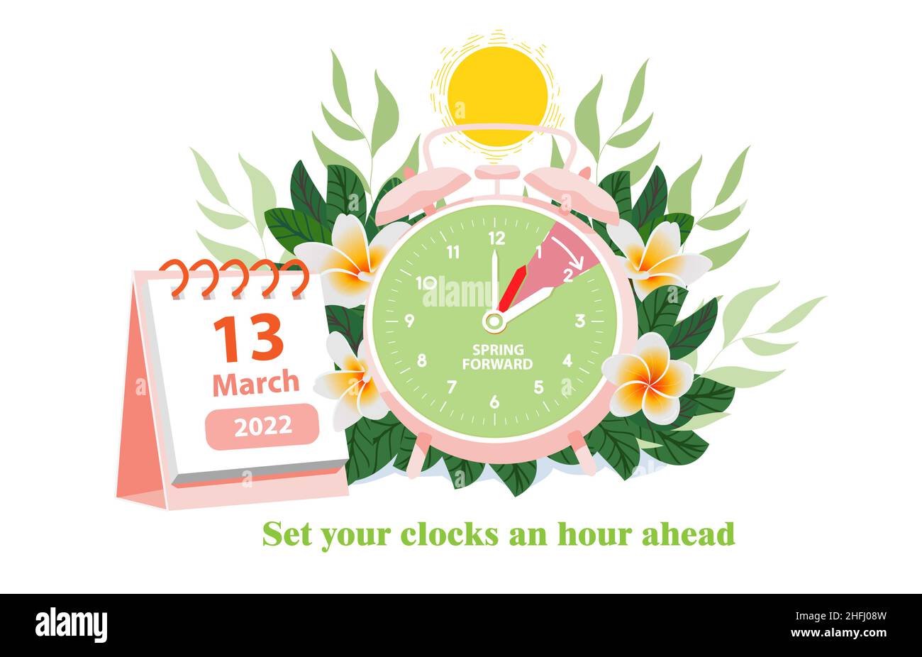 daylight saving time begins at march 13 2022 concept alarm clock and calendar with the date of march 13 on spring background the reminder text set 2HFJ08W